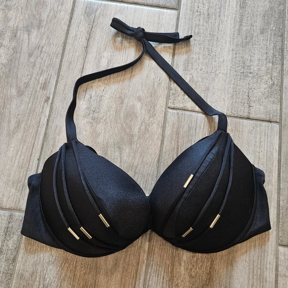 Victoria's Secret Swim Banded Push-Up Bikini Top 34DD Black Halter Glam Beach